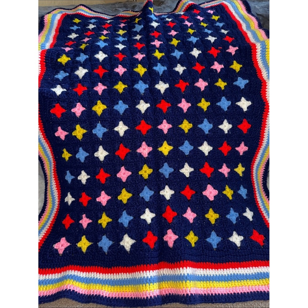 Hand Crafted Navy Multicolor Star Crochet Throw lap Blanket